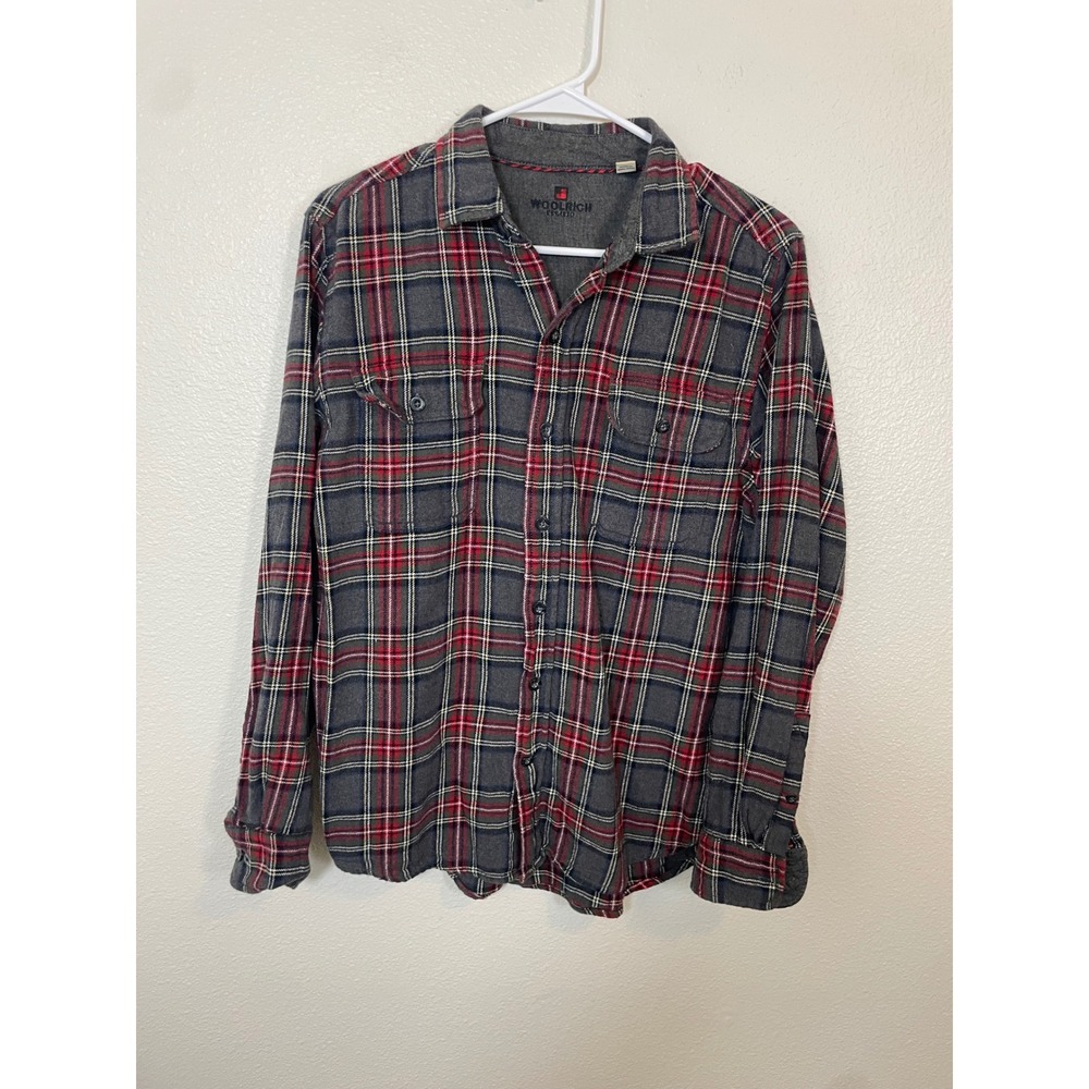 Woolrich Flannel Shirt Mens Medium‎ Gray Red Plaid Excellent Cotton Button Down - Picture 1 of 8